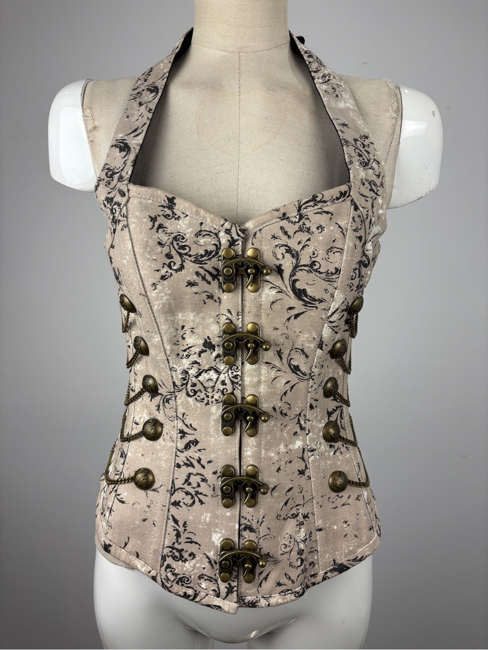 Steampunk Halter Corset Top Beige Damask Brocade Brass Swing Hooks Chains 26”